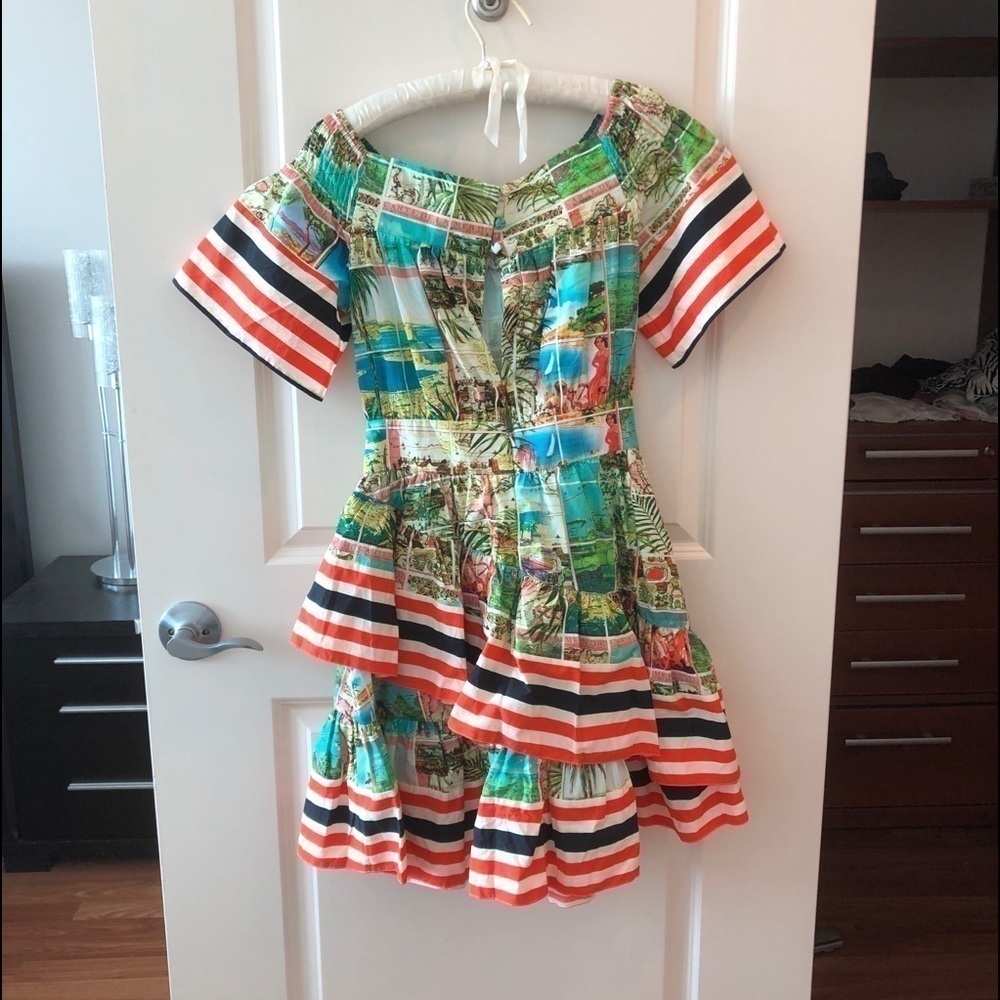 ASOS Off Shoulder Dress In Postcard And Stripe Print - Picture 14 of 16